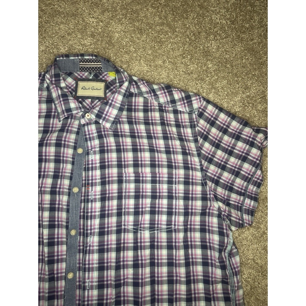 Robert Graham Men's 3XL Tailored Purple Blue White Plaid Button-Up Shirt Pockets